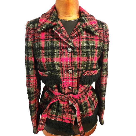Vintage Z.C.M.I. Cameo Room 1960s Red Black Check Tweed Jacket w/Belt Fringe S/M - Picture 4 of 8